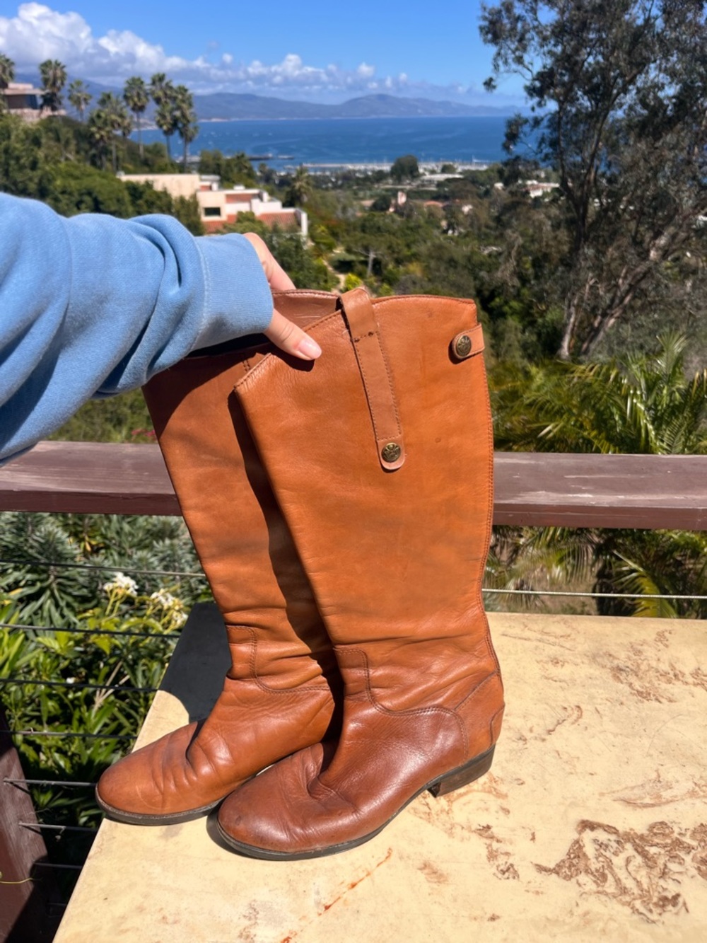 Sam Edelman Cognac Brown Leather Knee-High Heeled Boots